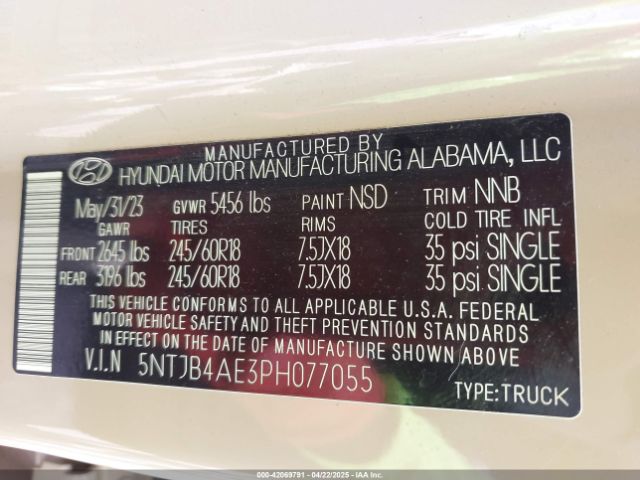 5NTJB4AE3PH077055 Hyundai Santa Cruz Sel