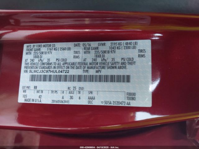 5LMCJ3C97HUL04722 Lincoln Mkc Reserve