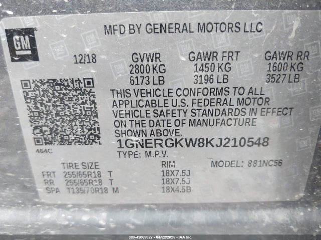 1GNERGKW8KJ210548 Chevrolet Traverse 1lt