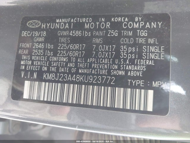 KM8J23A48KU923772 Hyundai TUCSON SE