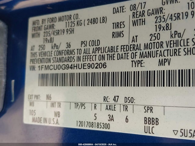 1FMCU0G94HUE90206 Ford ESCAPE SE