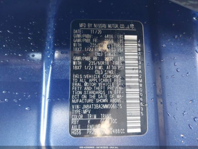 JN8AT3BA2MW006635 Nissan Rogue Sv Fwd