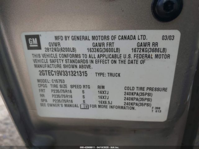 2003 GMC SIERRA 1500 2GTEC19V331321315 Photo 8