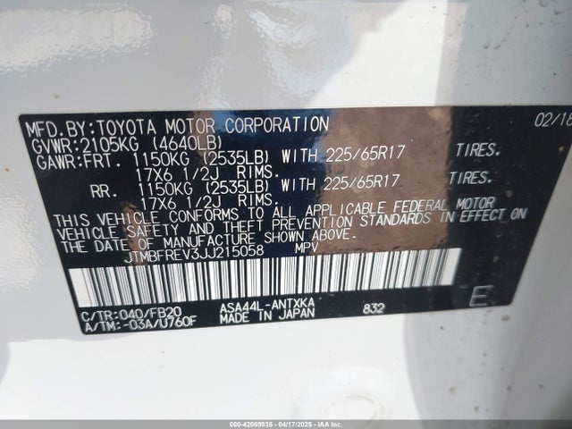 JTMBFREV3JJ215058 Toyota RAV4 LE