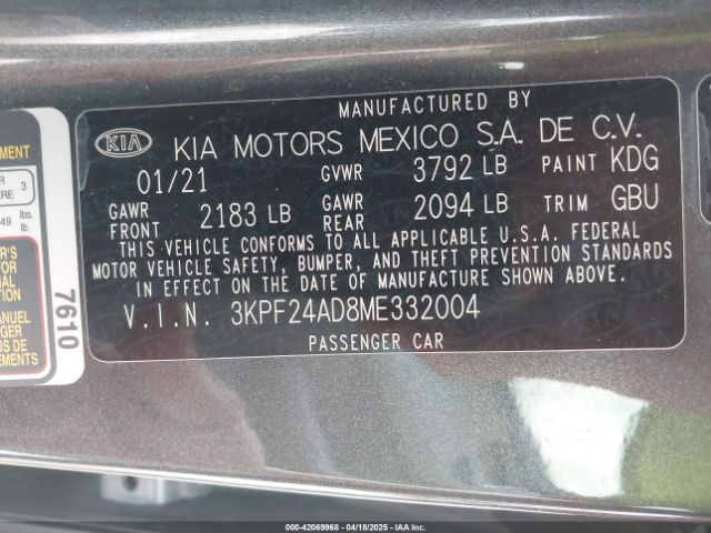 3KPF24AD8ME332004 KIA Forte Lxs