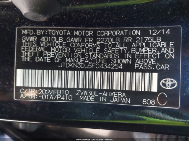 JTDKN3DU5F0434254 Toyota Prius Two