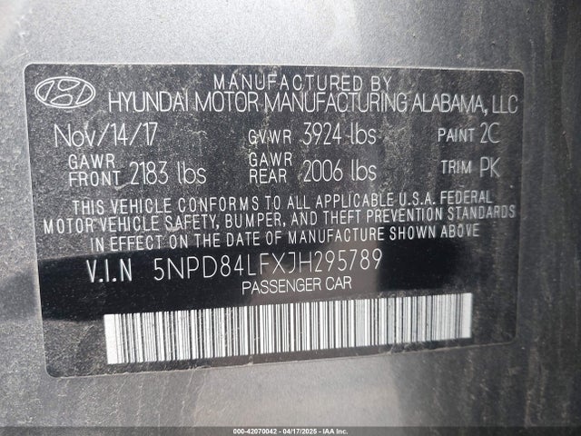 5NPD84LFXJH295789 Hyundai ELANTRA SEL