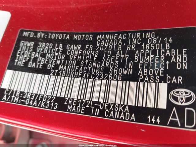 2T1BURHEXFC232606 Toyota Corolla S