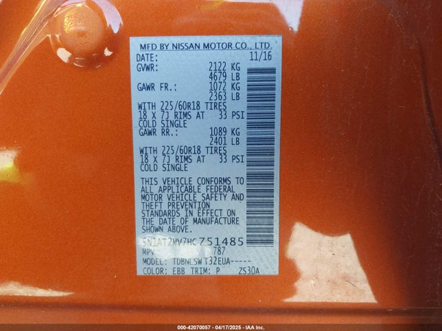 5N1AT2MV7HC751485 Nissan Rogue Sl