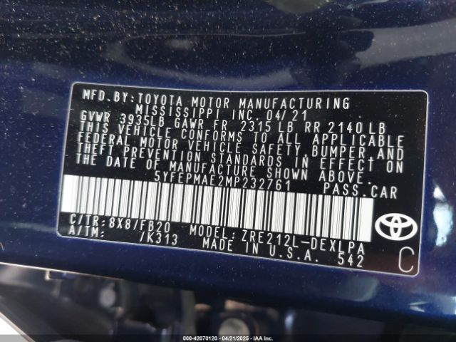 5YFEPMAE2MP232761 Toyota COROLLA LE