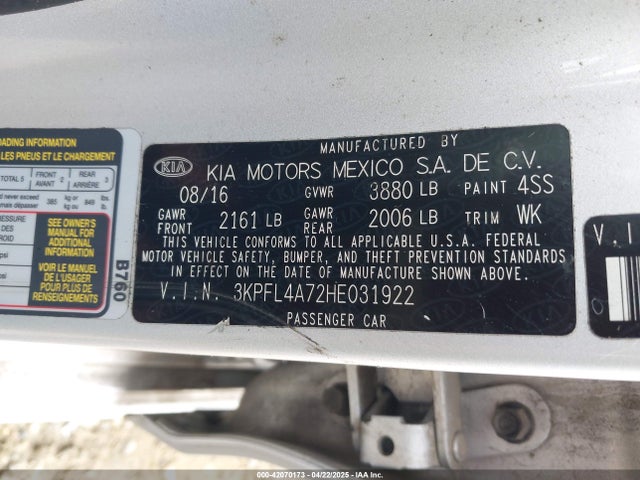 3KPFL4A72HE031922 KIA FORTE LX