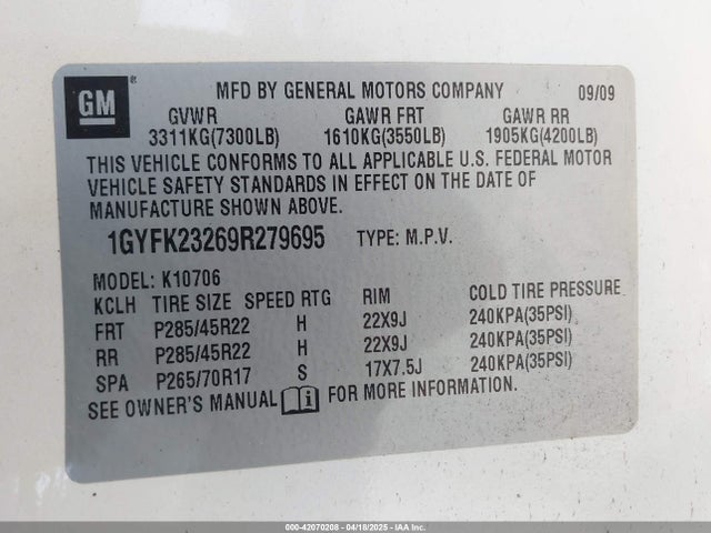 2009 CADILLAC ESCALADE 1GYFK23269R279695 Photo 8