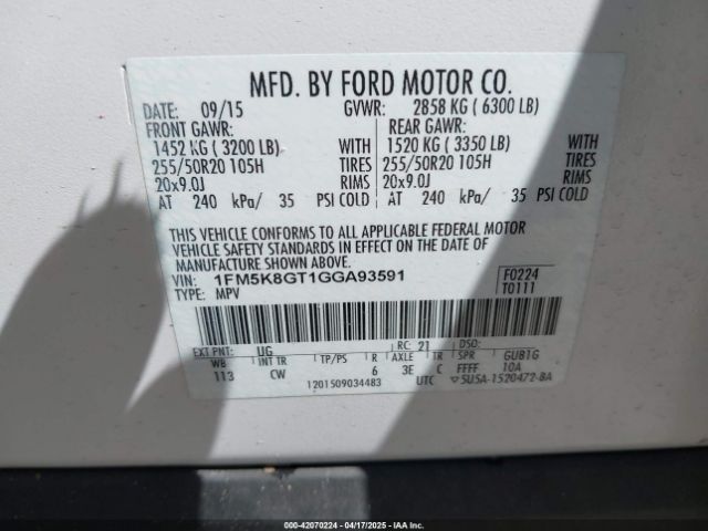 1FM5K8GT1GGA93591 Ford EXPLORER SPORT
