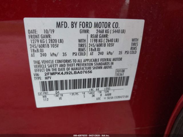 2FMPK4J92LBA07656 Ford EDGE SEL
