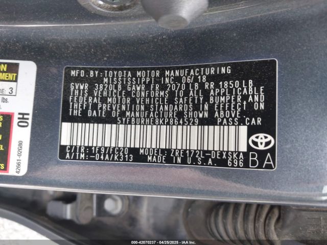 5YFBURHE8KP864529 Toyota COROLLA SE