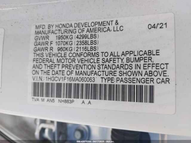 1HGCV1F16MA060063 Honda ACCORD LX