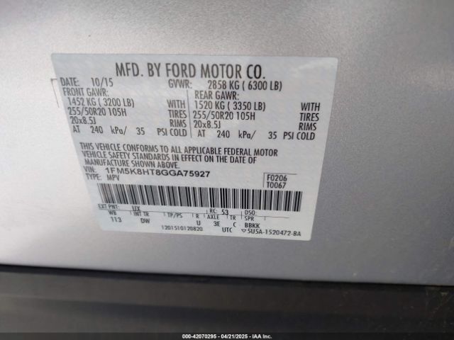 1FM5K8HT8GGA75927 Ford Explorer Platinum