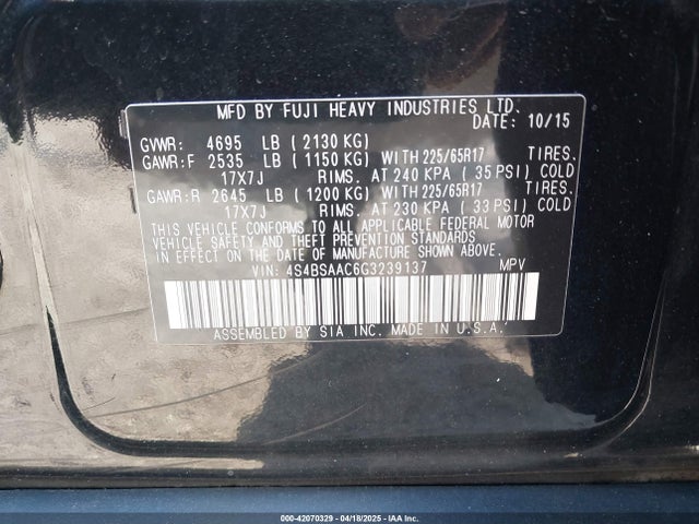 4S4BSAAC6G3239137 Subaru Outback 2.5i