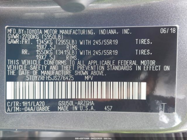 5TDYZRFH5JS276425 Toyota Highlander Limited