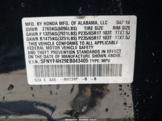 5FNYF4H29EB043405 Honda PILOT LX