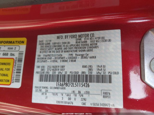 1FA6P8CF2L5115426 Ford Mustang Gt Premium Fastback