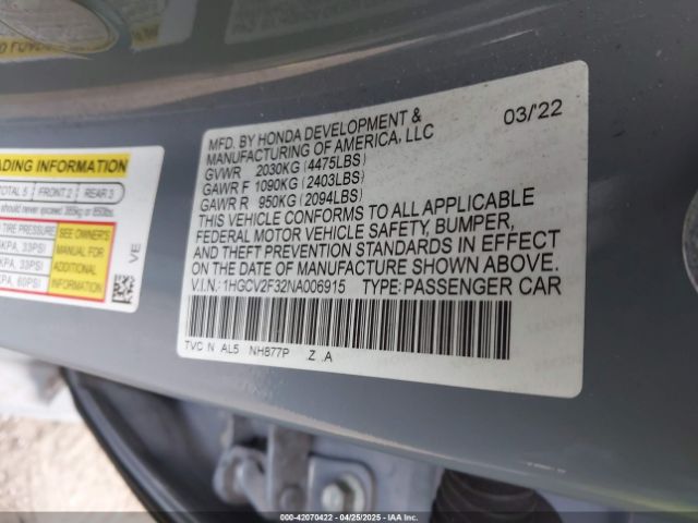 2022 HONDA ACCORD 1HGCV2F32NA006915 Photo 8