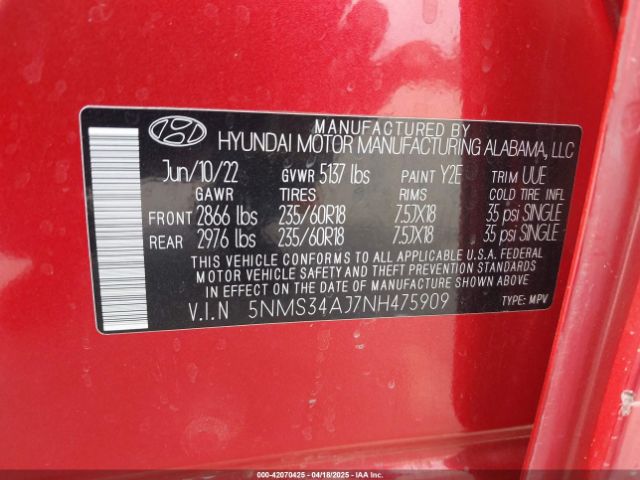 5NMS34AJ7NH475909 Hyundai Santa Fe Sel