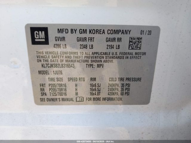KL7CJKSB2LB316543 Chevrolet Trax Fwd Ls
