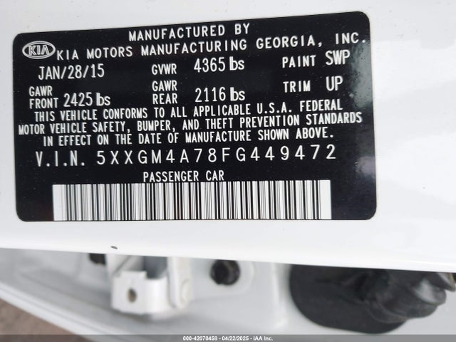 5XXGM4A78FG449472 KIA Optima Lx