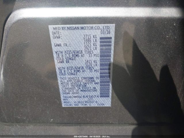5N1AR2MM0GC645674 Nissan Pathfinder Sv