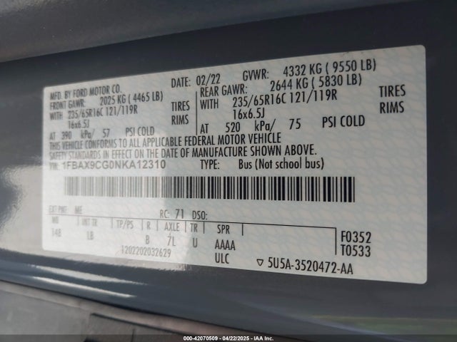 1FBAX9CG0NKA12310 Ford Transit-350 Passenger Van Xlt