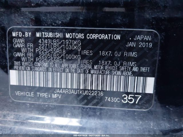 JA4AR3AU1KU022236 Mitsubishi Outlander Sport 2.0 Le