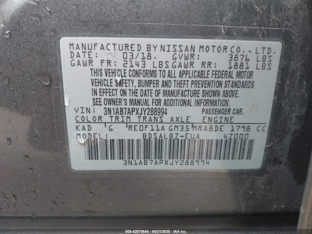 3N1AB7APXJY288994 Nissan SENTRA S