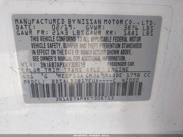 3N1AB7APXKY308713 Nissan SENTRA SV