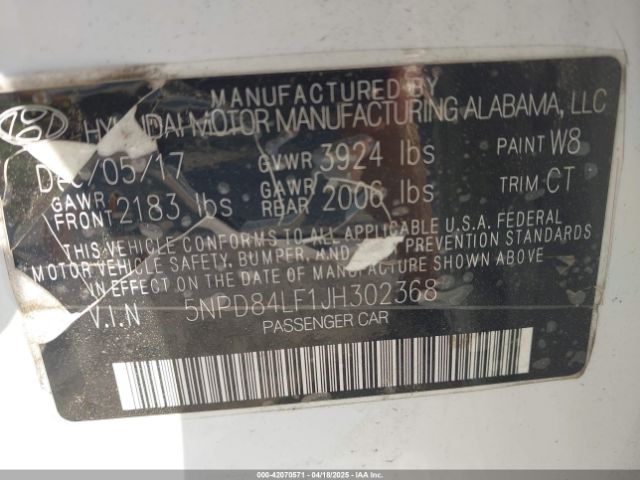 5NPD84LF1JH302368 Hyundai ELANTRA SEL