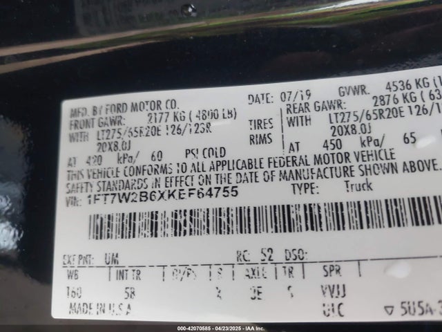 1FT7W2B6XKEF64755 Ford 2019