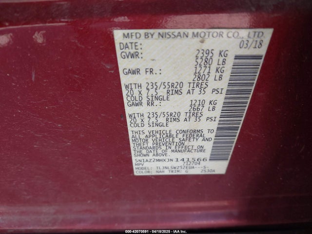 5N1AZ2MHXJN141566 Nissan Murano Platinum
