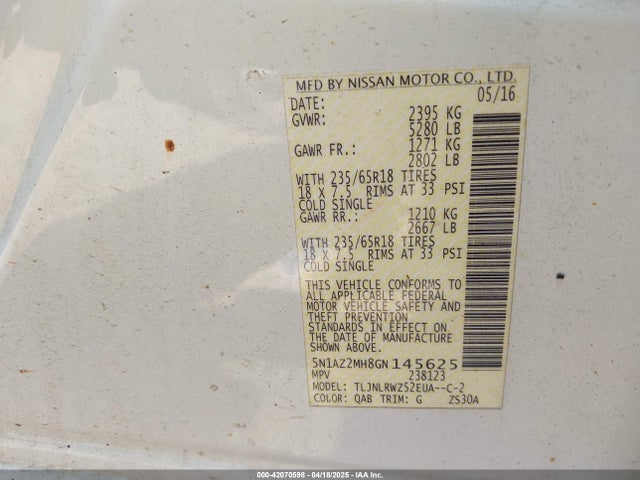 5N1AZ2MH8GN145625 Nissan MURANO SL