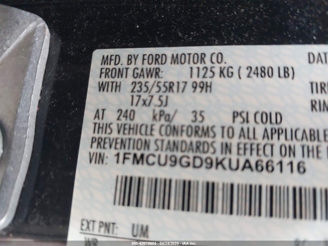 1FMCU9GD9KUA66116 Ford ESCAPE SE