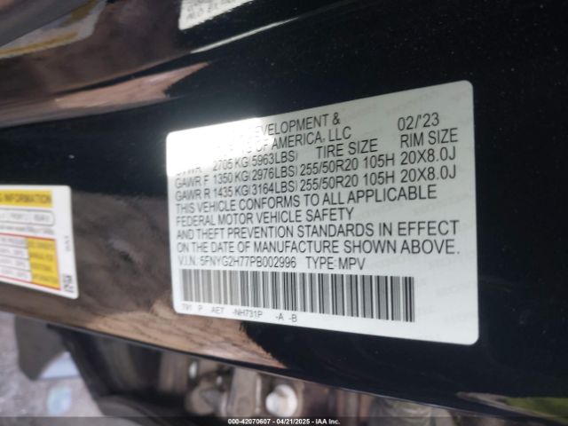 5FNYG2H77PB002996 Honda Pilot 2wd Touring