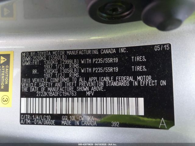 2T2ZK1BA0FC194763 Lexus RX 350
