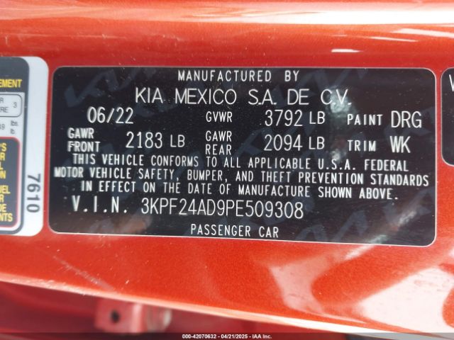 3KPF24AD9PE509308 KIA Forte Lxs