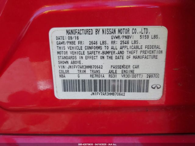 JN1FV7AR3HM870642 Infiniti Q50 3.0t Red Sport 400