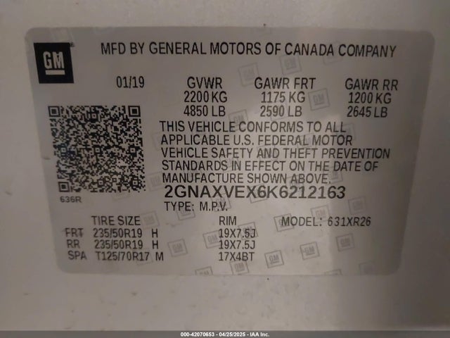 2GNAXVEX6K6212163 Chevrolet EQUINOX LT
