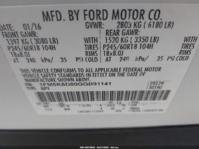 1FM5K8D80GGB91141 Ford EXPLORER XLT