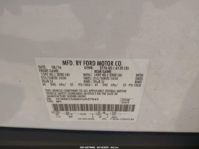 1FM5K7D88HGA57943 Ford EXPLORER XLT