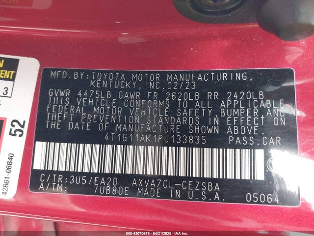 4T1G11AK1PU133835 Toyota CAMRY SE
