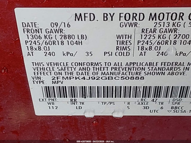 Ford EDGE SEL 2016 2FMPK4J92GBC50888 Image 9