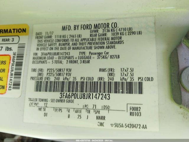 2018 FORD FUSION HYBRID 3FA6P0LU8JR147243 Photo 8