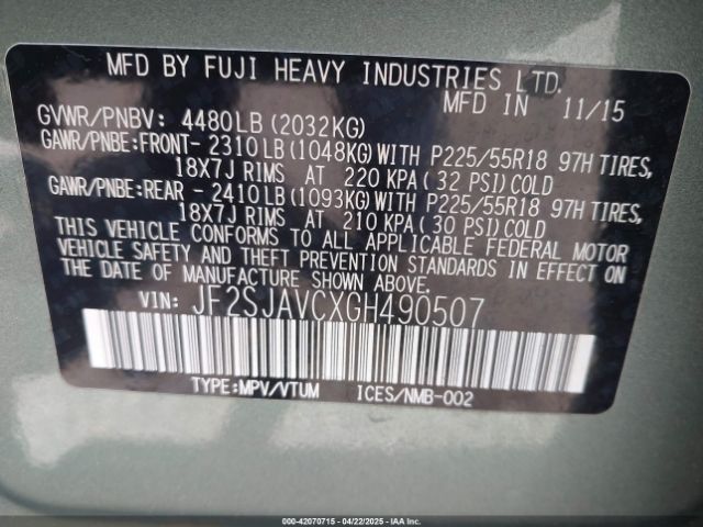 JF2SJAVCXGH490507 Subaru Forester 2.5i Touring